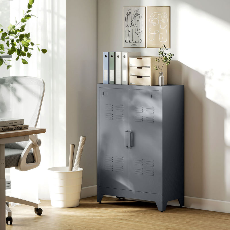 HOMCOM Sideboard Küchenschrank mit magnetischer Lamellen-Doppeltür und verstellbarem Einlegeboden, moderner Aufbewahrungsschrank für Wohnzimmer, Schlafzimmer und Flur, Grau, B/T/H: 75 x 33 x 110 cm - Bild 2