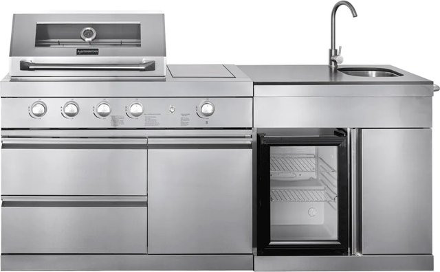 MyOutDoorKitchen Pure Freistehende Outdoorküche Compact aus Edelstahl mit Gasgrill, 4 Brennern, Infrarot-Seitenbrenner, Kühlschrank, Spülbecken und Abfalleimer in Schwarz und Silber - Bild 1