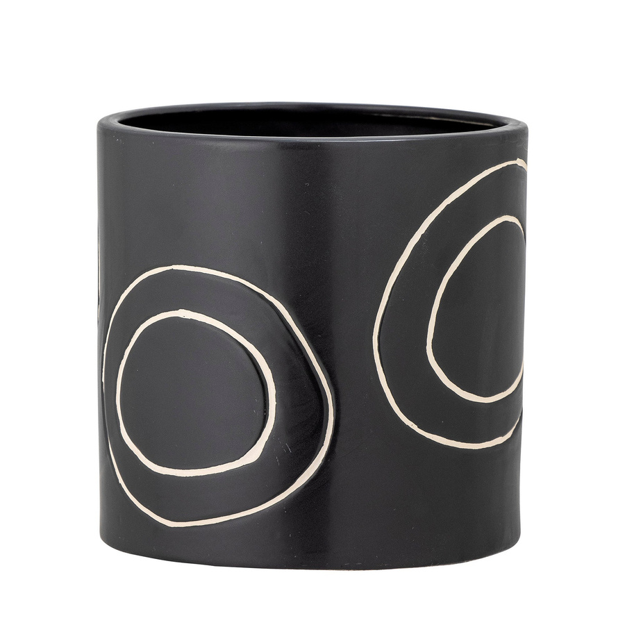 Bloomingville Blumentopf Troy aus Steingut in Schwarz mit grafischem Design, Höhe: 14 cm - Bild 1