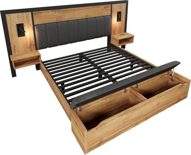 Merax Polsterbett in Eiche mit LED und USB-Anschluss, B/T/H: 180 x 200 x 118 cm - Bild 1