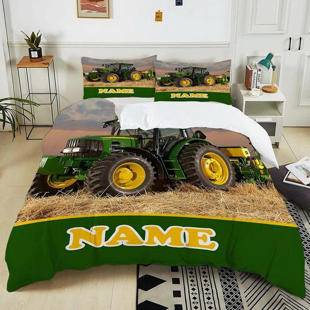Personalisierte Bettwäsche mit Retro-Traktor-Muster von Binchi Fitness, 3-teiliges Set in Grün, B/H: 135 x 200 cm - Bild 1