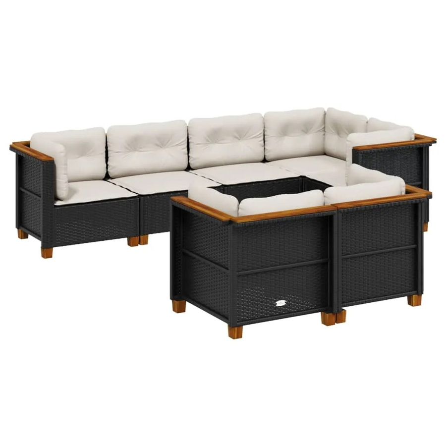 vidaXL 7-tlg Garten-Sofagarnitur aus Poly-Rattan und Akazienholz mit Kissen, Schwarz - Bild 2