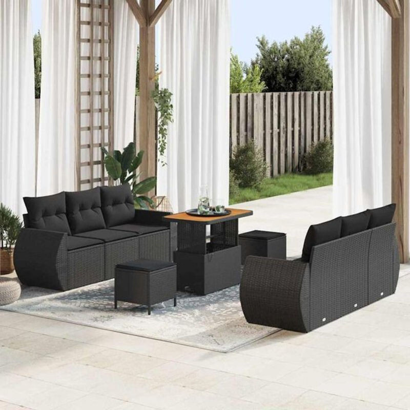 vidaxl Garten-Sofa-Set aus Rattan und Metall mit Kissen und Speicherfunktion, 9-teilig, Schwarz - Bild 1
