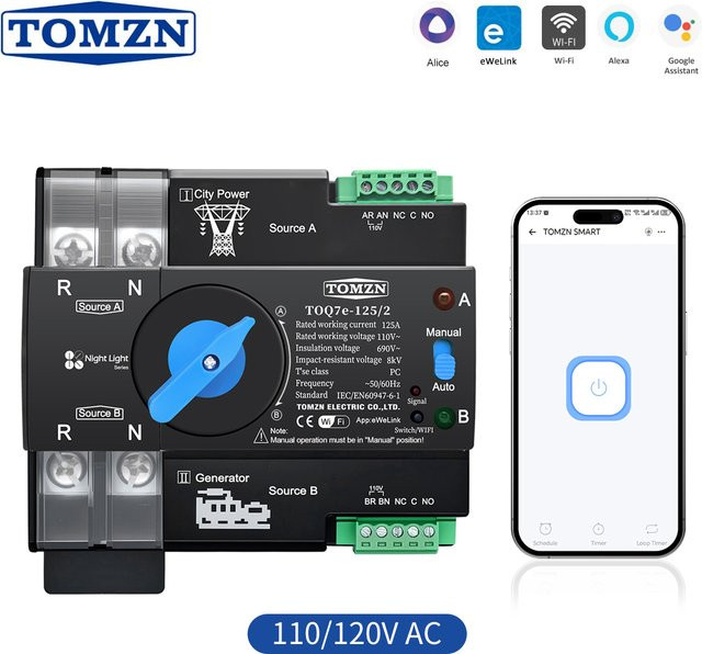TOMZN WLAN Smart ATS Dual-Power Automatischer Transferschalter EWeLink 2P Schwarz - Bild 1