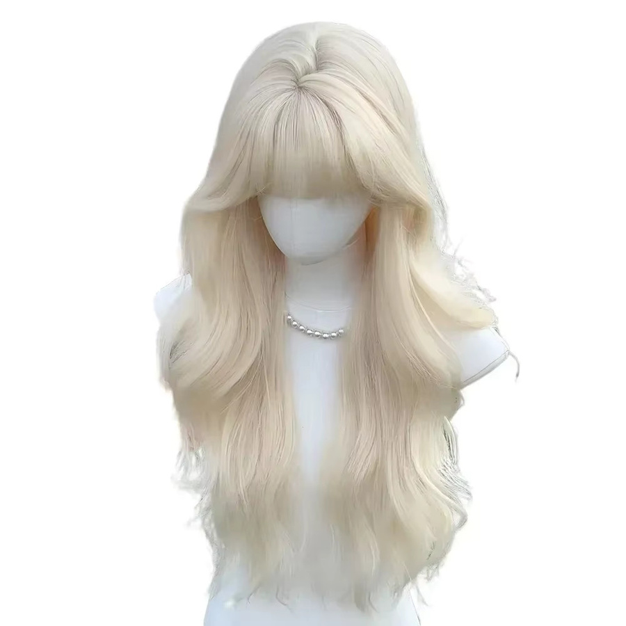 Weiße blonde Perücke für Damen, 66 cm, gewellt mit Pony, synthetisch - Bild 3