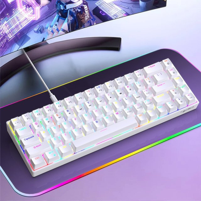HXSJ Mechanische Gaming-Tastatur mit RGB-Hintergrundbeleuchtung, ultrakompaktes Mini-68-Tasten Design, rote Schalter, Weiß - Bild 1
