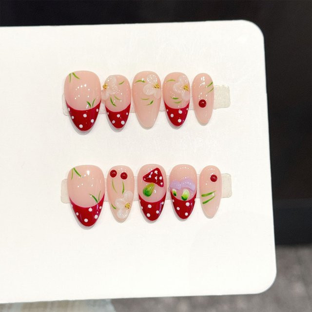 YADORNOS Künstliche Nägel, Rot-Weiße Polka-Dots, Pilz- und Blumendekor, Glänzend - Bild 1