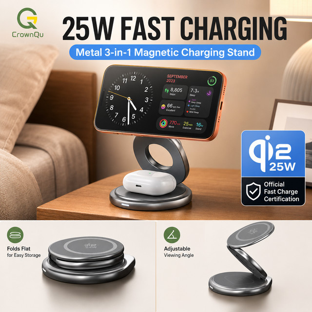 CrownQu 3-in-1 Magnetisches Kabelloses Ladegerät Qi2.2 25W Faltbare Ladestation in Silber für iPhone 17 16 15, Apple Watch und AirPods - Bild 1