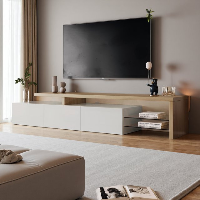 Simurq TV-Lowboard in Weiß Hochglanz mit integrierter LED-Beleuchtung, 2 Glasablagen und 3 Schubladen für dein Wohnzimmer - Bild 1
