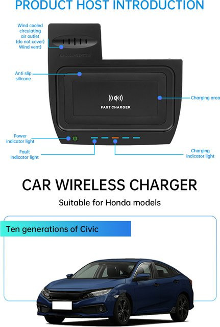 MOCENDO 15W Kabelloses Ladegerät für Honda Civic 2016-2021 LHD, Qi Schnellladung Induktions-Handyhalterung, Schwarz - Bild 1