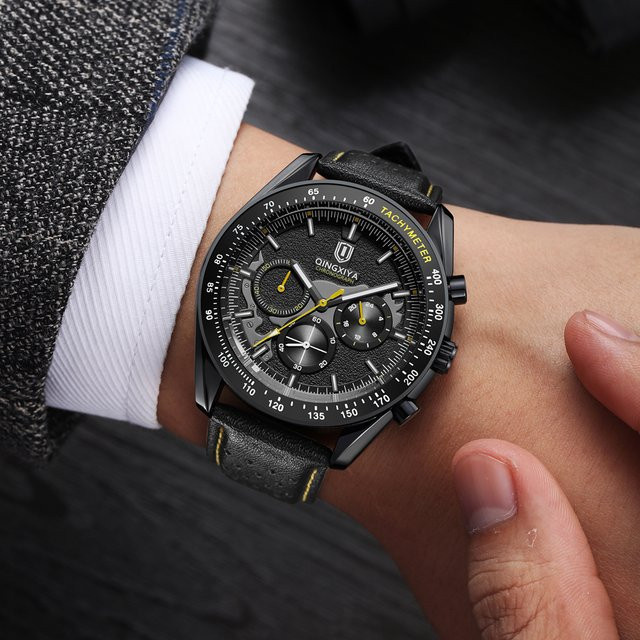 QINGXIYA Chronograph Herrenuhr, Quarz, Lederarmband, Schwarz, Wasserdicht - Bild 1