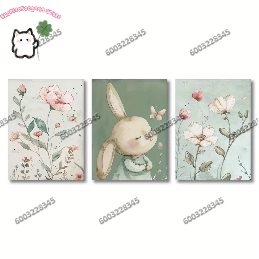 3er-Set Leinwanddrucke von Potdemiel mit Kaninchen, Blumen und Schmetterlingen in Mehrfarbig, rahmenlose Wandkunst für dein Zuhause - Bild 2
