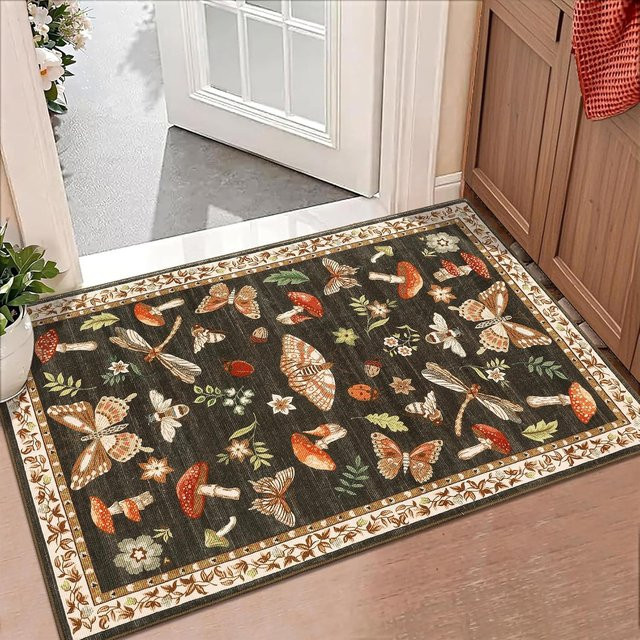Retro Teppich mit Waldtier-Motiv Libelle Pilz Schmetterling in Blau und Multicolour, B/T: 50 x 30 cm - Bild 1