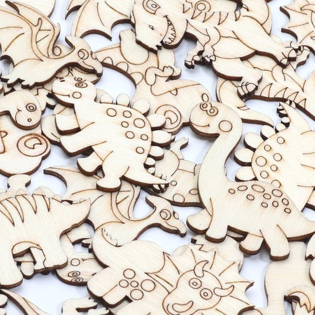 20 Stück Dinosaurier Cartoon Holzscheiben für Scrapbooking und DIY Handwerk in Grau und Beige - Bild 1