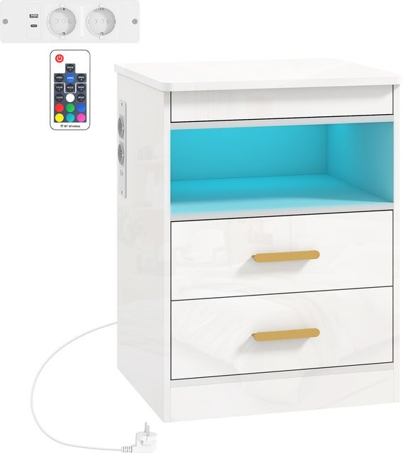 HOMCOM Moderner Nachttisch in Weiß Hochglanz mit Ladestation, RGB-LED-Beleuchtung, 2 Schubladen und offenem Regal für dein Schlafzimmer - Bild 1