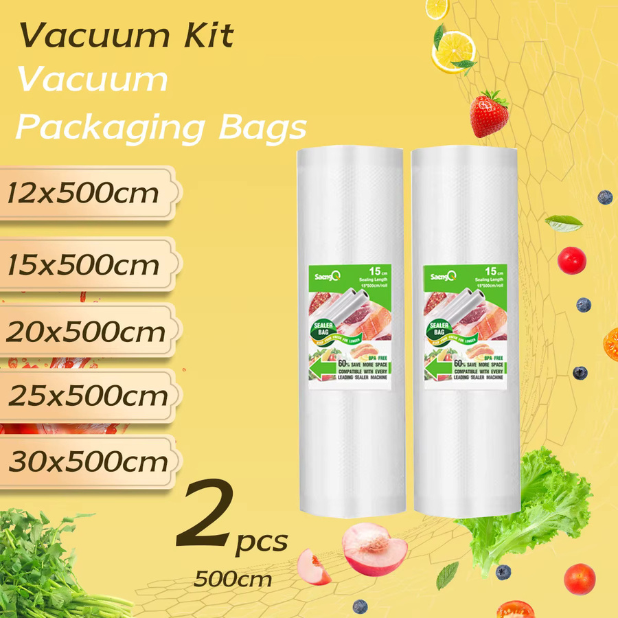 saengQ Vakuumierrollen transparent, 2 Rollen mit je 500 cm Länge, strukturierte einseitige Netz-Vakuumverpackungsrollen für Lebensmittel - Bild 2