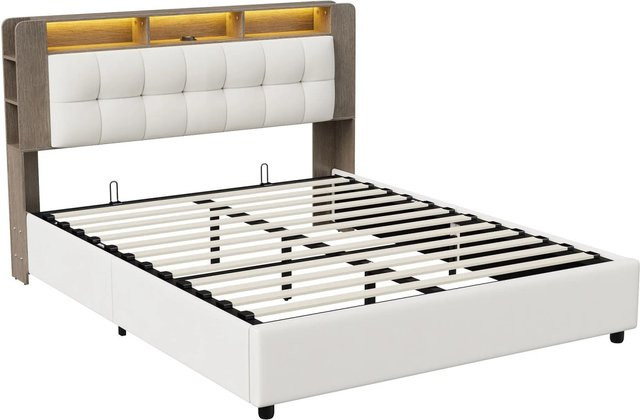 PXloue Doppelbett mit Stauraum und LED Kopfteil in Beige, gepolstert mit Samt und Ablage, B/T/H: 140 x 200 x 222 cm - Bild 1