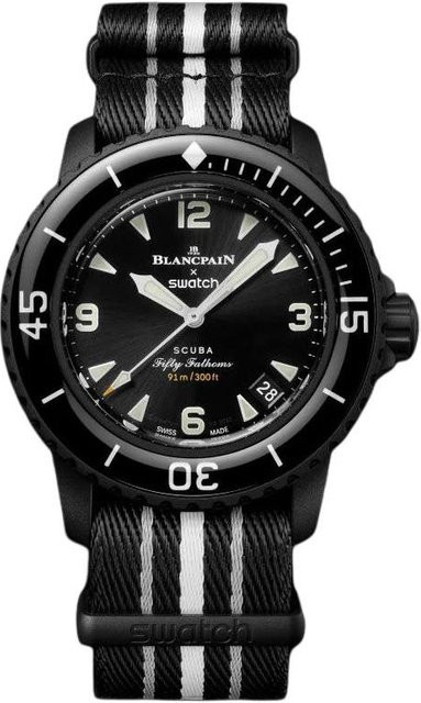 Swatch x Blancpain Scuba Fifty Fathoms Ocean Of Storms Armbanduhr, Schwarz, Herren, Kunststoff, Textil/NATO - Bild 1