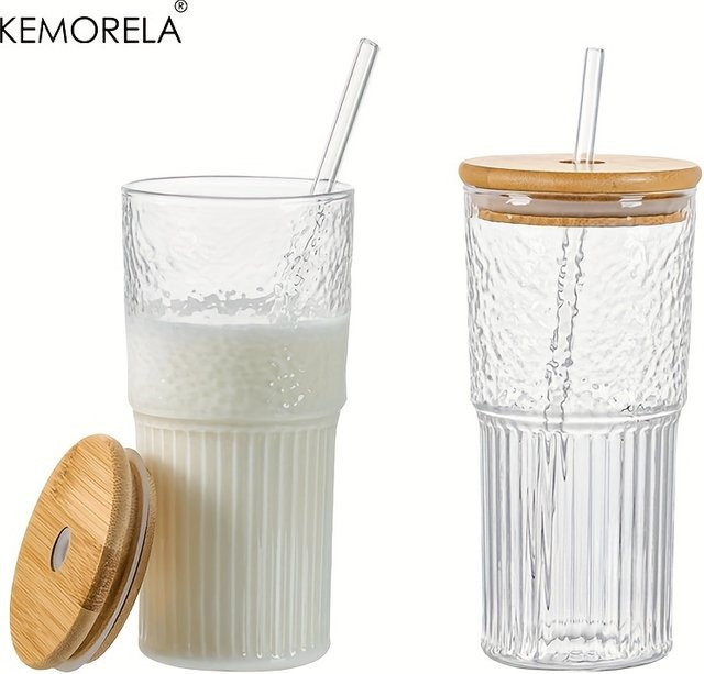 KEMORELA Trinkglas aus geripptem Glas mit Deckel und Stroh, 500 ml, transparent - Bild 1