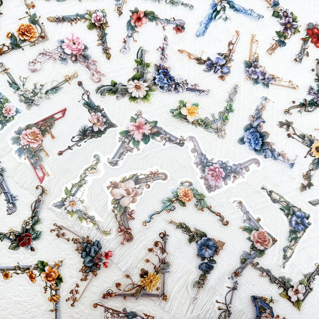 50 Stück Retro Blumen Rahmen PET Aufkleber in Transparent und Multicolour für DIY Dekoration von Laptop, Notebook und Telefon - Bild 1