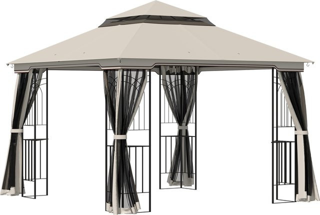 Outsunny Gartenpavillon mit Doppeldach und 4 Seitenwänden aus Metall und Polyester in Beige B/T: 2,99 x 2,99 m - Bild 1