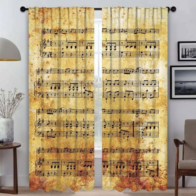 Vintage Musiknote Vorhänge für Wohnzimmer und Kinderzimmer, 2 Paneele, Beige, B: 60 cm, H: 90 cm - Bild 1