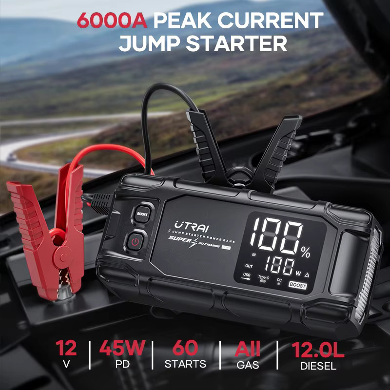 UTRAI Starthilfegerät mit 26800mAh und 6000A, tragbare Powerbank mit PD45W Schnellladung und 6,0 Zoll LED-Bildschirm, Schwarz - Bild 2