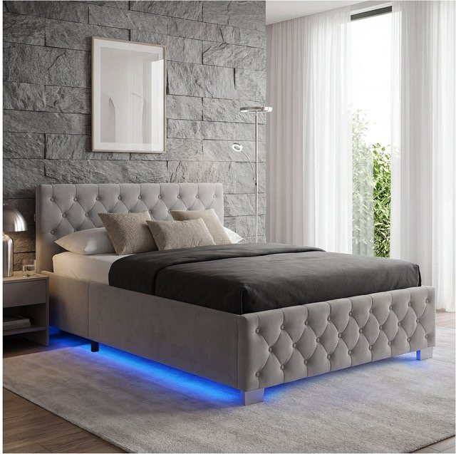 tectake Polsterbett Daytona in Samtoptik mit Steppmuster und indirekter LED-Beleuchtung, Grau, B/T/H: 217 x 187,5 x 57,7 cm, inklusive hochklappbarem Lattenrost und Stauraum - Bild 1