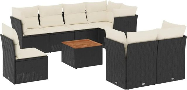 vidaXL 9-teilige Garten-Sofagarnitur aus Poly-Rattan und Akazienholz in Schwarz mit Kissen und Gartentisch - Bild 1