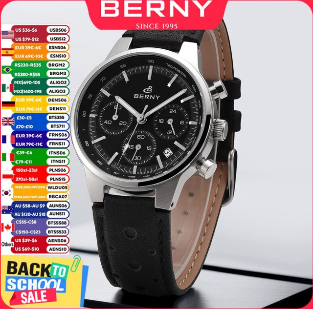 BERNY Chronograph, Quarz, Edelstahl, Leder, Schwarz, Herren - Bild 1
