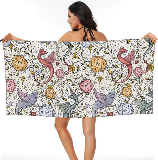 Strandtuch mit mittelalterlichem Drachen und D20 Würfel Muster von JMG Household Supplies, weiche Mikrofaser, schnelltrocknend und saugfähig, B/B: 70 x 140 cm, Mehrfarbig - Bild 1
