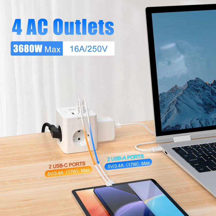 HITRENDS Steckdosenleiste mit 4 Schaltern und Flachstecker, 4 AC-Steckdosen, 2 USB-A und 2 USB-C Anschlüsse für Schnellladung, Farbe: Weiß, Kabel: 2 m geflochten - Bild 2