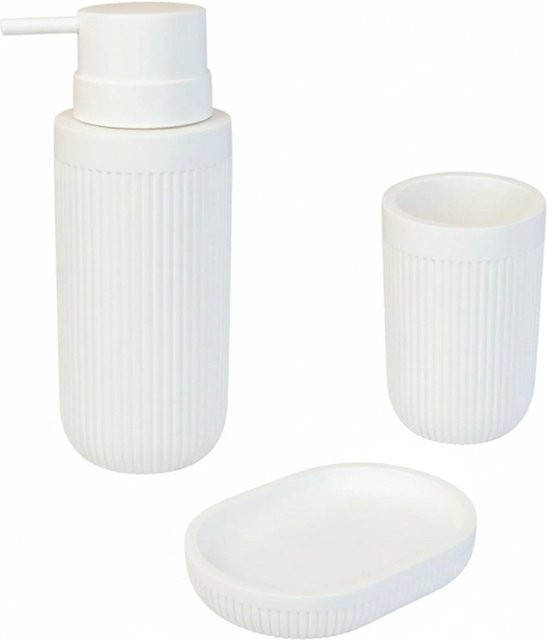 Relaxdays Badaccessoires Set aus Polyresin in Weiß, 3-teilig bestehend aus Seifenspender, Seifenschale und Zahnputzbecher - Bild 1