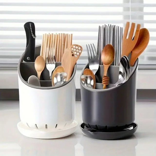 Küchen-Besteckhalter aus Kunststoff in Weiß als Organizer und Abtropfbehälter für Messer, Löffel und Gabeln - Bild 1
