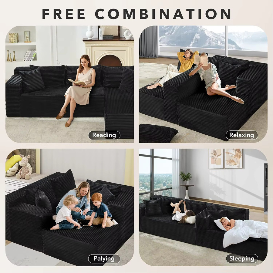 Garvee L-förmiges modulares Ecksofa in Schwarz mit weichem Cord-Bezug und breiter Sitzfläche für dein Wohnzimmer - Bild 6