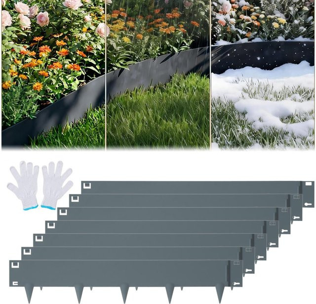 HiMISS Metall-Gartenrandbegrenzung aus verzinktem Stahl in Silber, biegbar mit Haifischspikes für Blumenbeete, Gartenwege und Rasenabgrenzungen - Bild 1