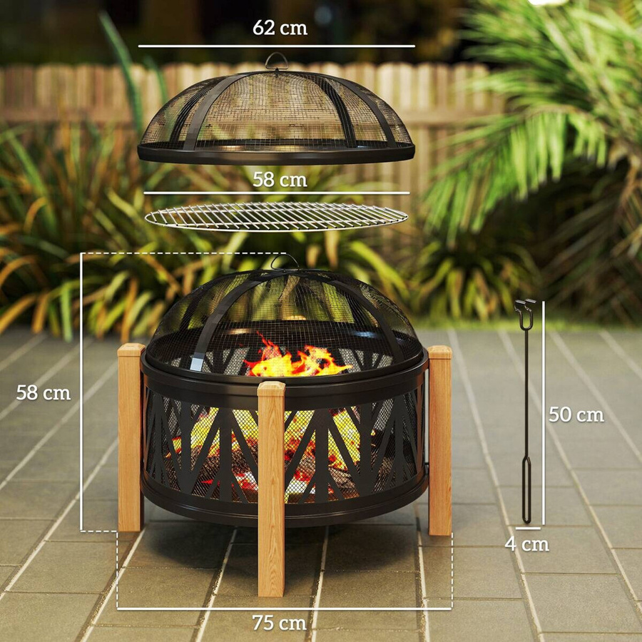 Outsunny 2-in-1 Feuerschale mit Grillrost und Funkenschutz in Schwarz und Braun, Durchmesser: 75 cm, Höhe: 58 cm - Bild 4
