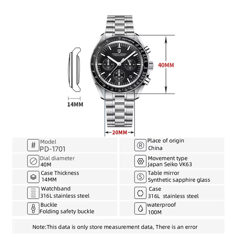 PAGANI DESIGN Chronograph Armbanduhr, Quarz, Edelstahl, Schwarz, Herren - Bild 5