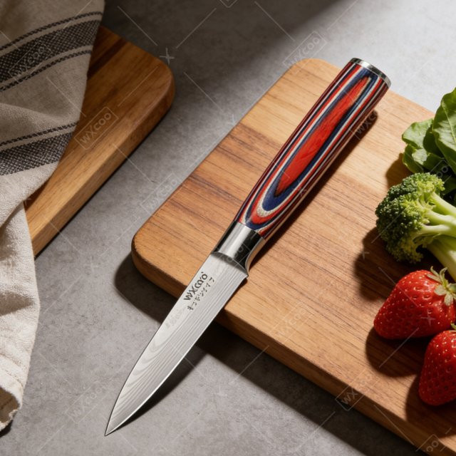 WXCOO Schälmesser mit Holzgriff und Damast-Lasermuster, 3,5 Zoll Obstschälermesser für Obst und Gemüse, Mehrfarbig - Bild 1