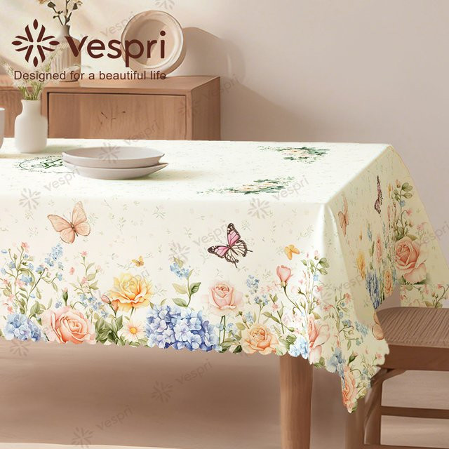 Vespri Frühlingstischdecke rund mit Blumenmuster und Schmetterlingen in Weiß-Grün für Ostern und Partys - Bild 1