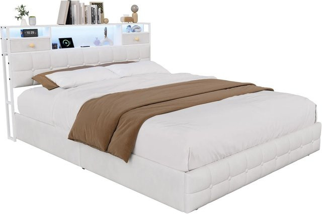 PXloue Polsterbett mit Stauraum und LED-Beleuchtung in Beige, Doppelbett mit USB-Anschluss und Samtbezug, B/T/H: 160 x 200 x 104 cm (Höhe: 164,5 cm) - Bild 1