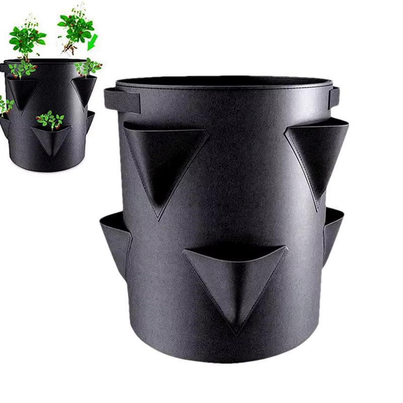 Verdickter Erdbeer-Pflanzbeutel aus Vliesstoff in Schwarz mit 6-seitiger Tasche für den Garten, B/T/H: 35,0 x 30,0 x 30,0 cm - Bild 5