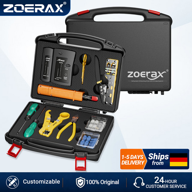 ZoeRax RJ45 Netzwerk Tool Kit mit Crimp Tool, Kabeltester, Punch Down Tool und Abisolierer für CAT6 und CAT5E Pass Through Kabel - Bild 1