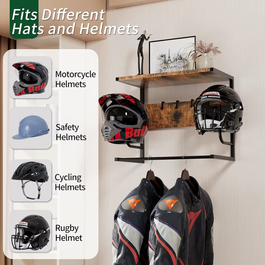 HiMISS Wandmontierte Motorradjacken- und Helmhalterung in Schwarz aus Metall als taktischer Ausrüstungsorganizer mit Haken für Reitausrüstung und Outdoor-Equipment - Bild 5