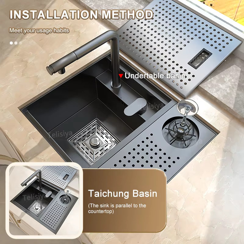 TELISIYA Edelstahl-Küchenspülbecken mit Reiskorn-Prägung, multifunktionales Mini-Einzelbecken für den Unterbau, Silber oder Schwarz - Bild 4