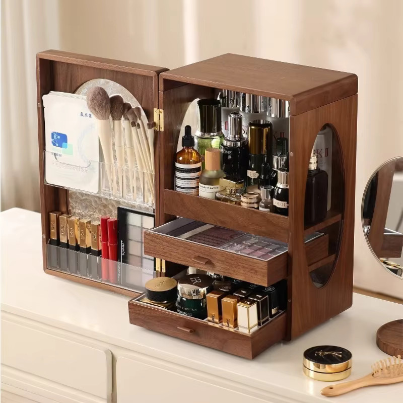 Kosmetik-Aufbewahrungsbox aus Massivholz in Braun mit Schubladen als staubdichtes Regal und Schreibtisch-Organizer für Make-up, Lippenstifte und Hautpflege, B/T/H: 41,0 x 26,5 x 17,0 cm - Bild 1