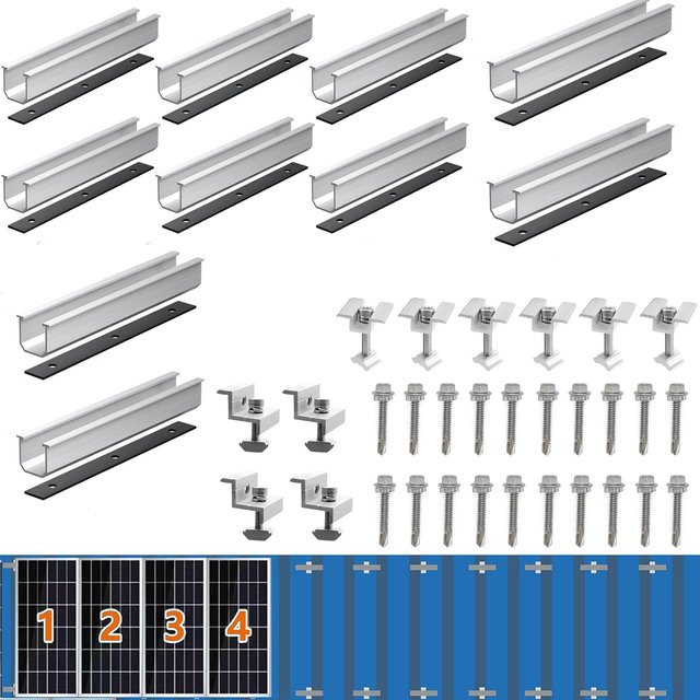 CP-SETUNO Solar-Modul-Halterung Set aus Aluminium für Trapezdach-Montage, PV-Schiene mit End- und Mittelklemmen, Farbe: Silber - Bild 1