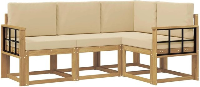 vidaXL Outdoor-Sofagarnitur in L-Form aus Akazienholz mit Kissen, Weiß und Beige - Bild 1