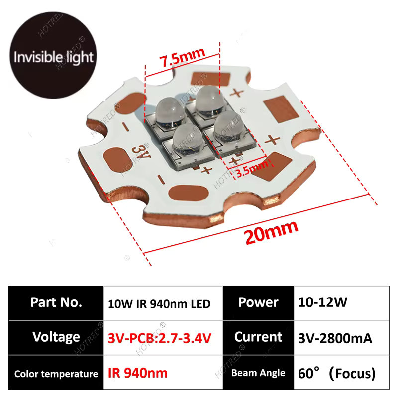 High Power Infrarot LED Lampe 10W mit 4 Chips, 850nm/940nm, 60 Grad Abstrahlwinkel, Keramik-Perle mit 20mm Kupfer-Board (DC3V/6V/12V) - Bild 3
