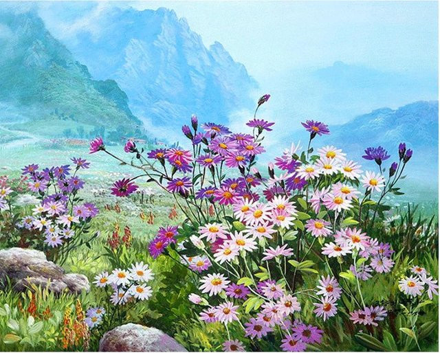 FIYO Diamantmalerei Kreuzstich Lila Gänseblümchen auf Grasland, Mehrfarbig, B/H: 20 x 30 cm - Bild 1